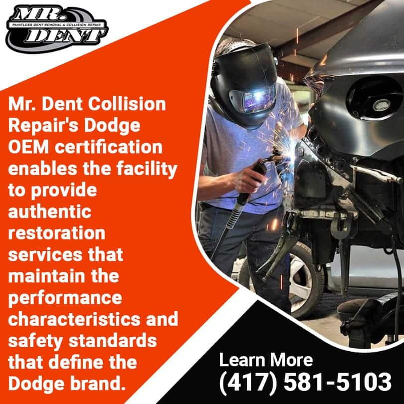 Auto body technician welding a damaged Dodge vehicle while wearing safety gear, highlighting Mr. Dent Collision Repair’s OEM certification for precise and brand-standard restorations.
