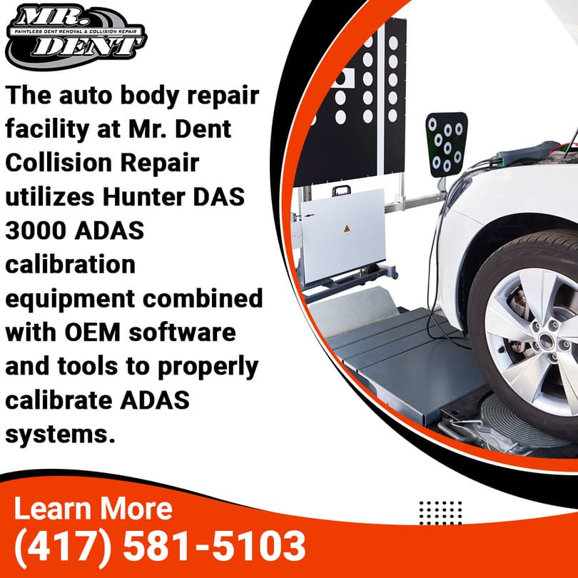 White vehicle undergoing ADAS calibration using the Hunter DAS 3000 system at Mr. Dent Collision Repair, showcasing advanced OEM-compliant equipment for safety system accuracy.