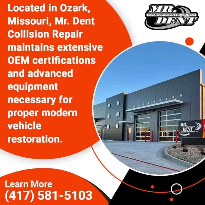 Exterior view of the modern Mr. Dent Collision Repair facility in Ozark, Missouri, highlighting its advanced equipment and OEM-certified capabilities for vehicle restoration.