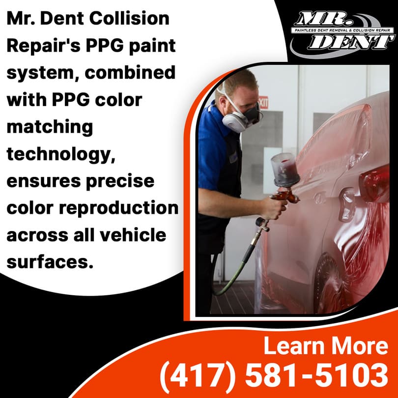 Technician applying red PPG automotive paint to a car in a spray booth at Mr. Dent Collision Repair, highlighting the precision of their PPG color matching system.
