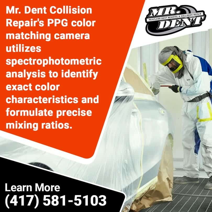 Auto body technician in full protective gear preparing a masked vehicle for color matching and paint application at Mr. Dent Collision Repair, using spectrophotometric analysis with PPG technology.